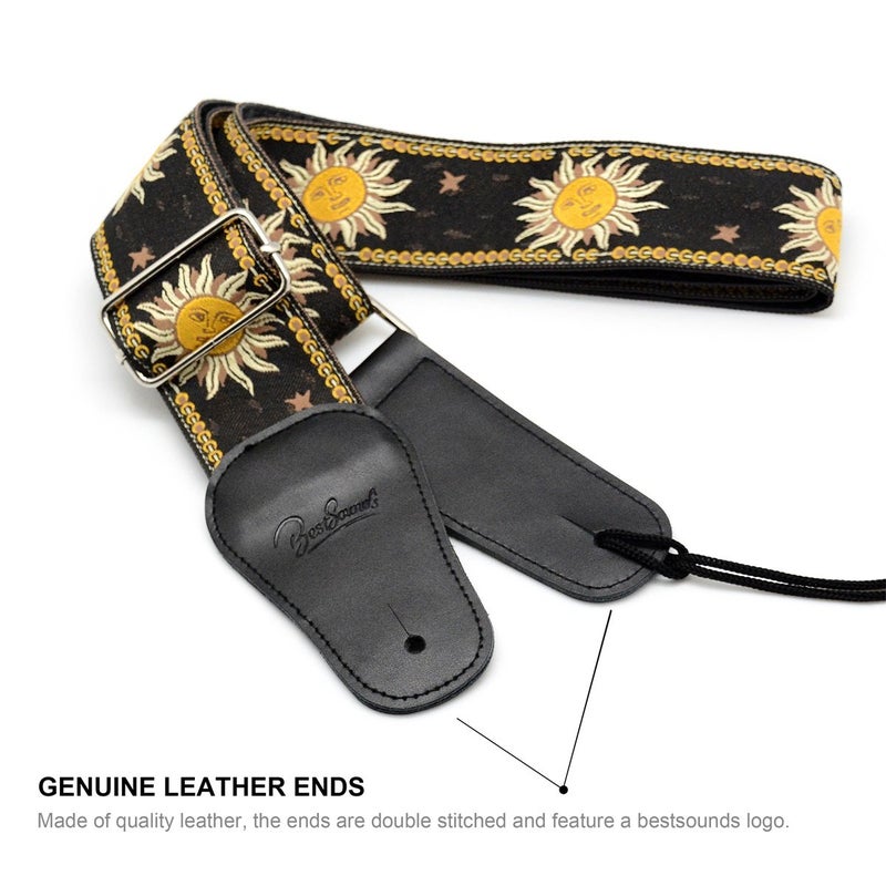BestSounds C-150 Leather Adjustable Guitar Strap, Sun Jacquard Weave For Bass Electric and Acoustic Guitars, Black - Image 4